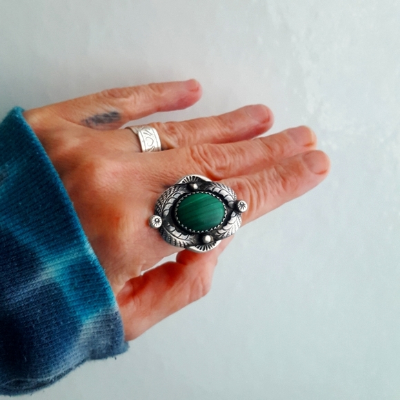 🌙Vtg Malachite Sterling Ring